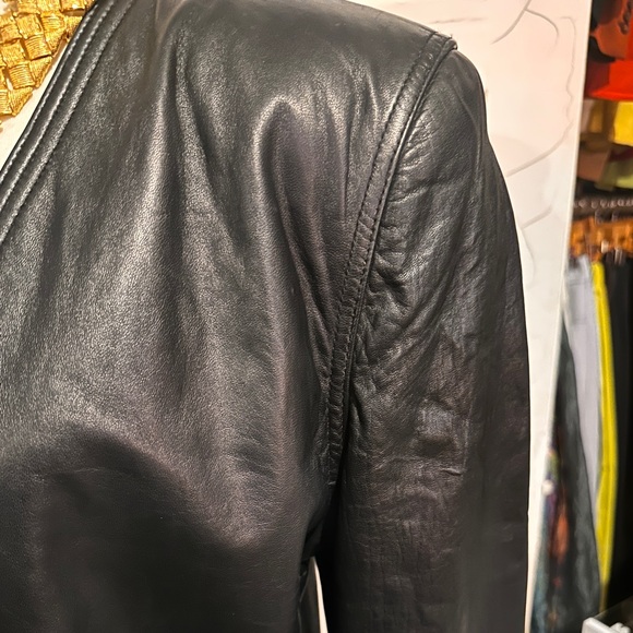 VINTAGE Black Leather Double-Breasted Jacket - Picture 3 of 6